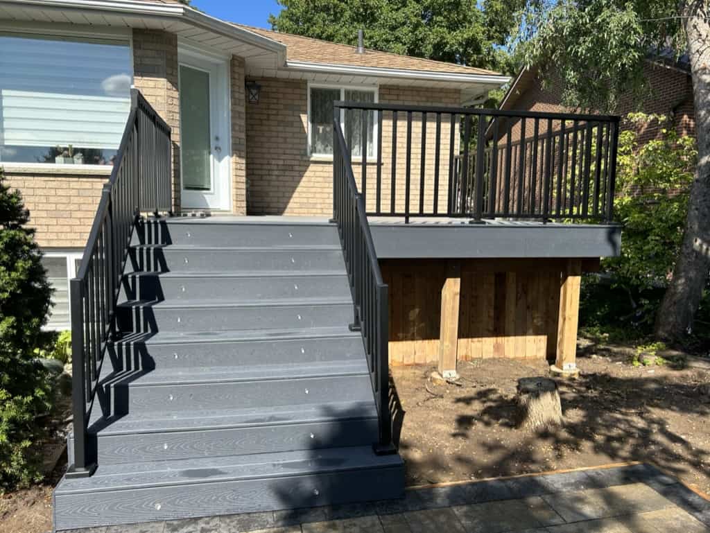 composite deck stairs and metal railing in Waterloo Ontario